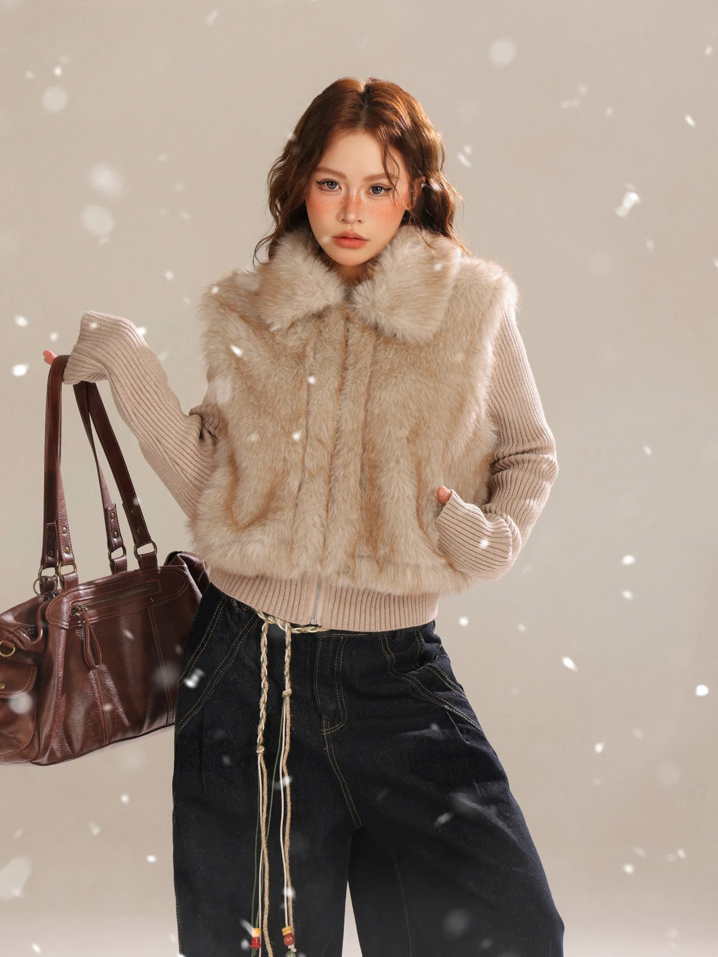 

Светло-голубое американское вязаное пальто в стиле пэчворк для женщин, осенне-зимнее, новое, с воротником, имитация двухслойности, укороченное, приталенное