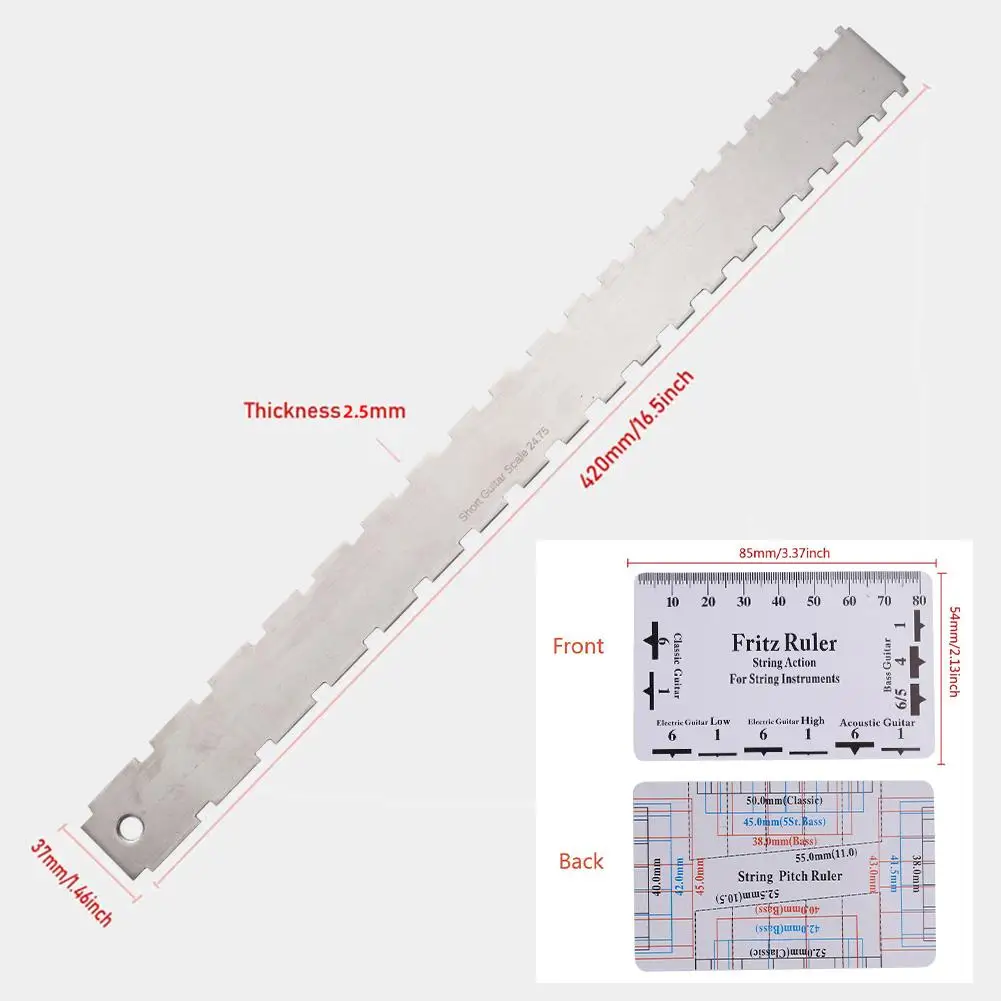 Herramienta de Luthiers de borde recto con muescas de cuello de guitarra, herramienta de medición, accesorios de calibre eléctrico, cuerda de acción, Kit de guitarra Rul E2K8