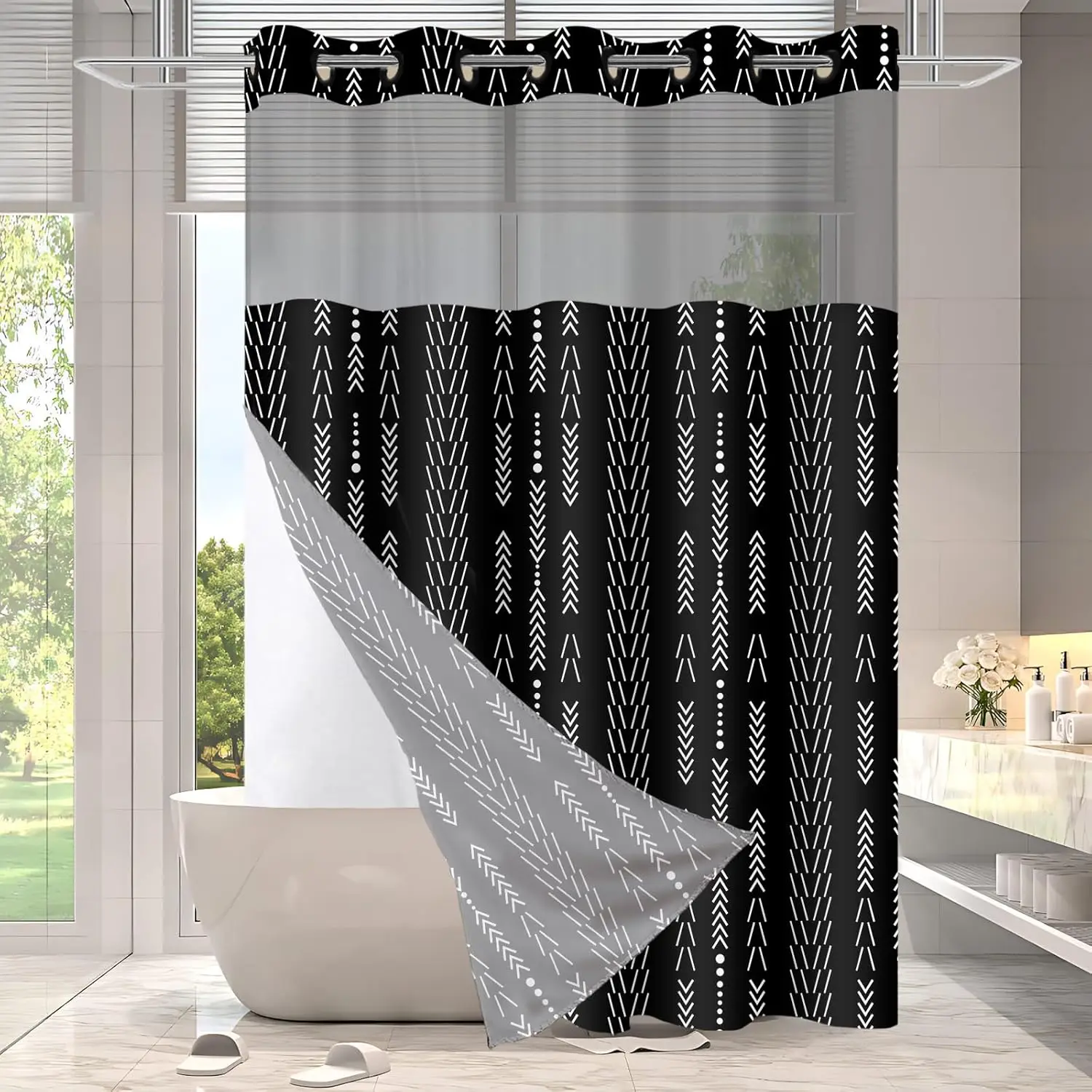 Juego de cortina de ducha sin gancho con forro de tela a presión, color negro, estilo bohemio, diseño bohemio moderno para deco