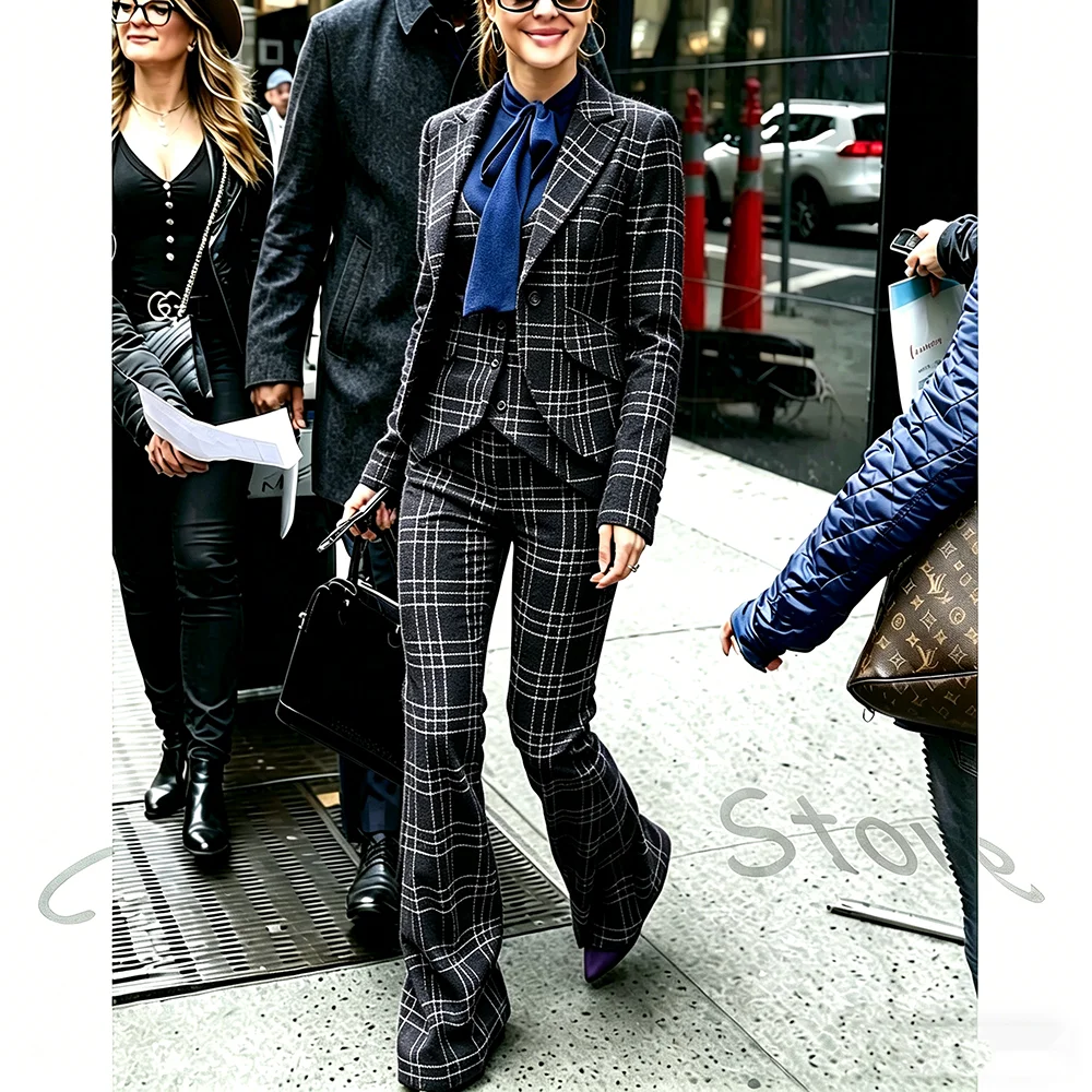 

Vintage Plaid Women's Suit Luxury Outfit 3 Pieces(Jacket+Vest+Pants) Slim Peaked Lapel High Quality Formal Stylish Suit Set