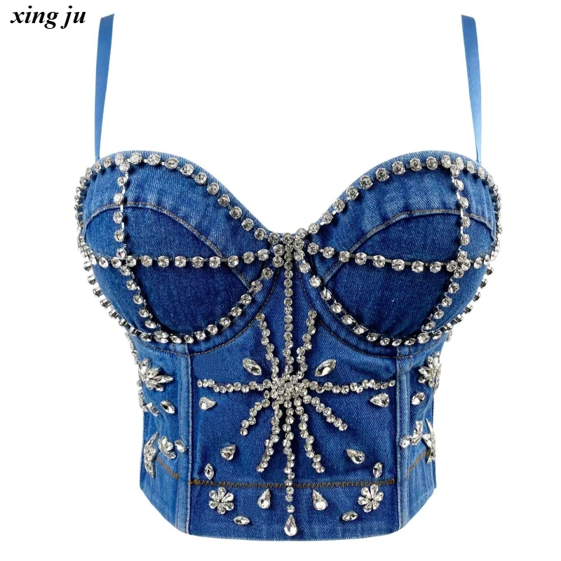

Xing Ju Nightclub Girls Diamond Blue Fishbone Denim Vest Women Jazz Dance Costume Summer Sexy Backless Tank Tops Stage Show Wear