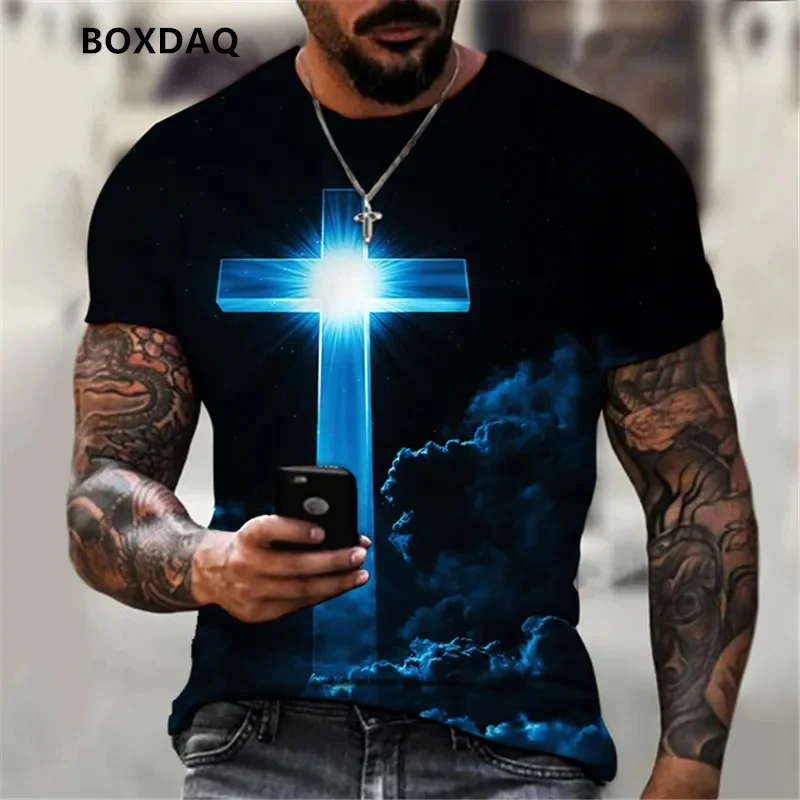 

Summer Men's T-Shirts God Religion Christ Jesus Cross 3D Print Hip Hop Male Tee Loose Short Sleeve Streetwear Oversized Tops
