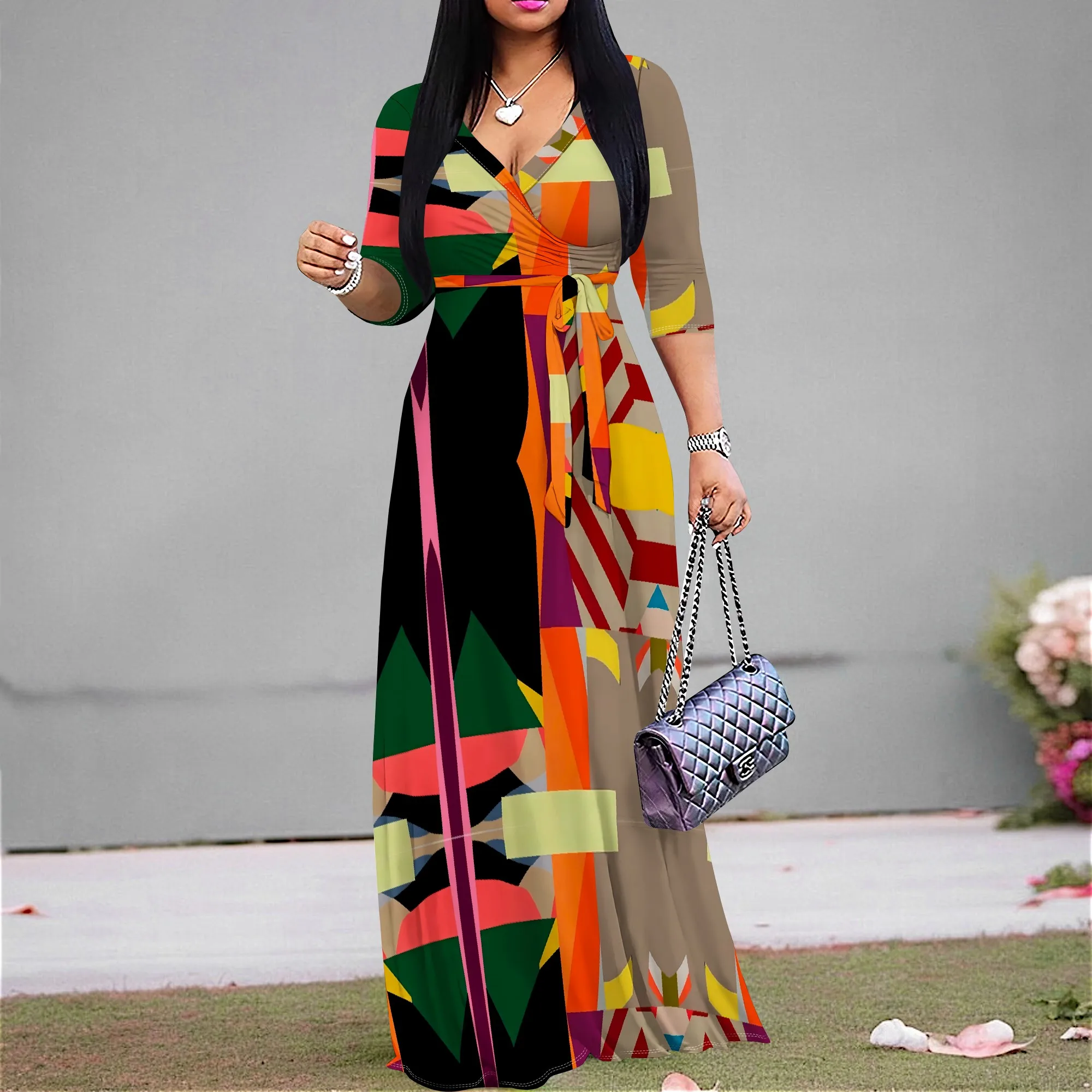 

Multicolor Geometric Patchwork Maxi Dress S-3XL V-Neck 3/4 Sleeve Wrap Style for Casual Wear, Art Event or Summer Party