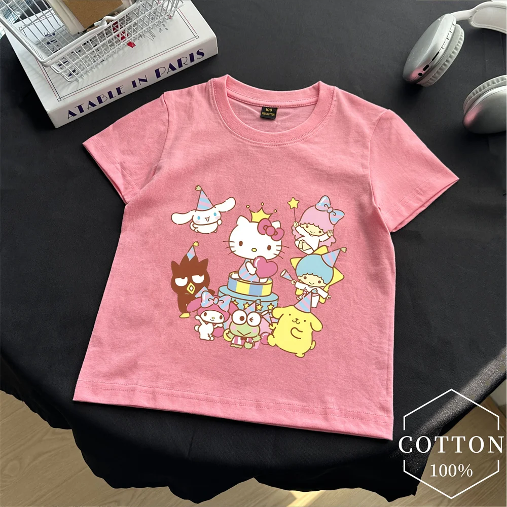 

Hello Kitty and Friend Cartoon Printed pure cotton T Shirt Summer Children's Clothing O Neck Kids Animal Boys Short Sleeve Tops