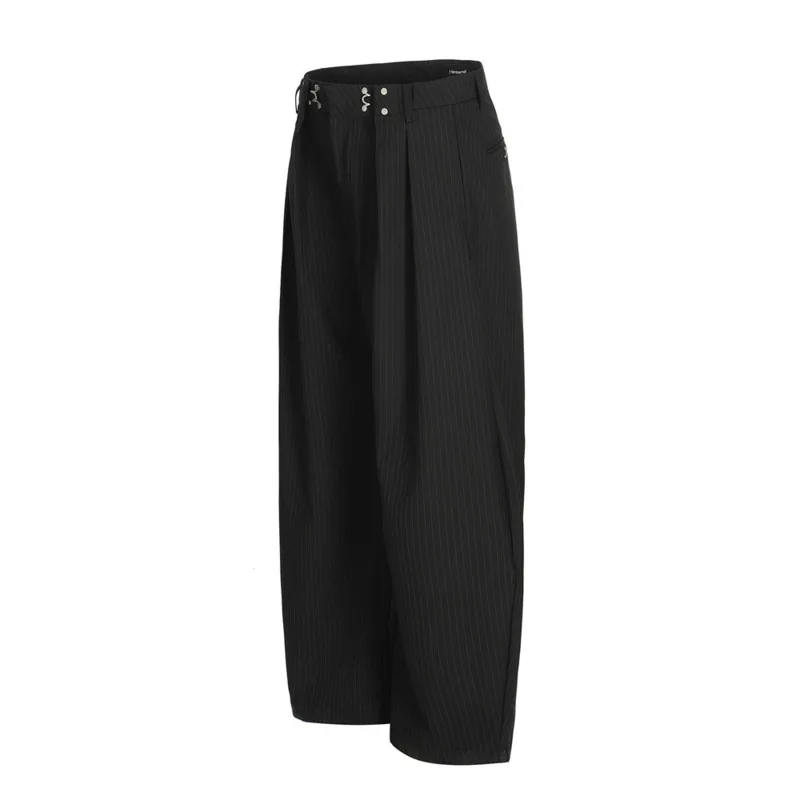 Loose Wide-Leg Scimitar Vertical Striped Pants Men's Trendy Double Pleat Design Casual Versatile Floor-Length Trousers