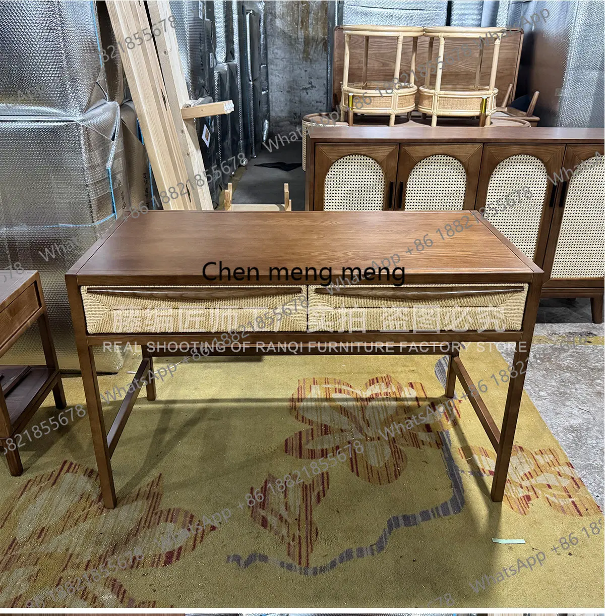 Vintage Nordic designer bedroom small apartment integrated rattan dresser solid wood makeup table and chairs
