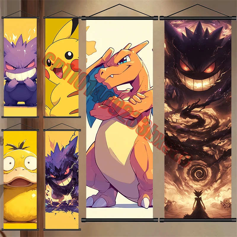 Classic Anime Pokemon Gengar, Pikachu, Charizard High Quality Cute Scroll Drawings Suitable for Living Room Wall Decor Gift