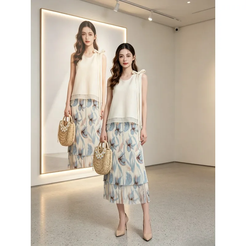 Miyake Pleated Skirt for Women 2026 New Vacation Style Draped Printed High Waist Straight Skirt Fashionable Half Skirt Stylish
