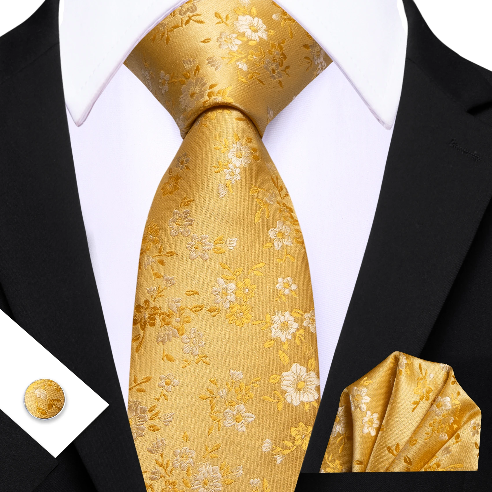 Herren-Krawatte, klassisch, rosa, schwarz, gelb, Blumenmuster, Jacquard, modische Krawatten, Einstecktuch, Manschettenknopf-Set, Hochzeit, Party, Event