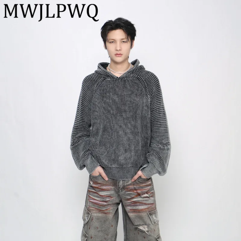 

MWJLPWQ High Street тяжелый текстурированный лоскутный винтажный свитер с капюшоном, мужской свитер с рукавами реглан, нишевый дизайн, вязаная толстовка, модный 21714