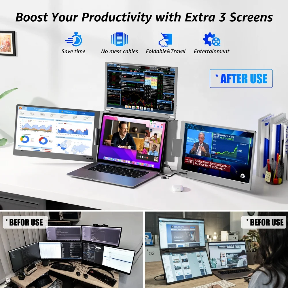 15.6" Triple Screen Laptop Extender Monitor, Portable USB-C Display for MacBook, PC,Gaming, Multitasking , Business Productivity