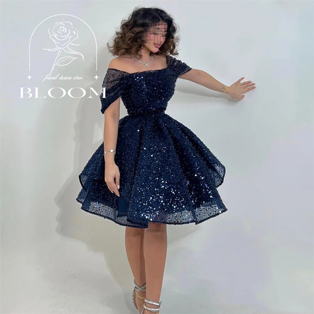 

Bloom Customized A-Line Off The Shoudler Short Party Dress Sequin Knee Length Sparking Everning Gown Simple Elegant Boat Neck