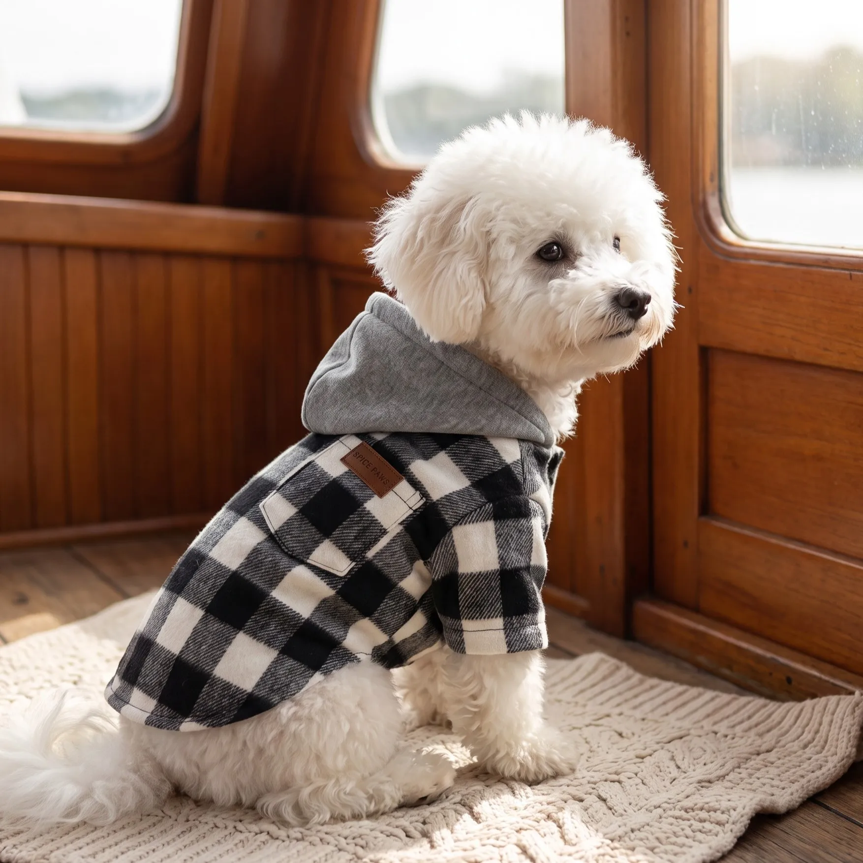 Kleidung für Hunde im Karomuster, Kapuzenjacke für Haustiere, Strickjacke mit Knöpfen für Hunde, Karo-Kapuzenjacke für Haustiere, Oberteil für Hunde mit Tasche. – Detail 11