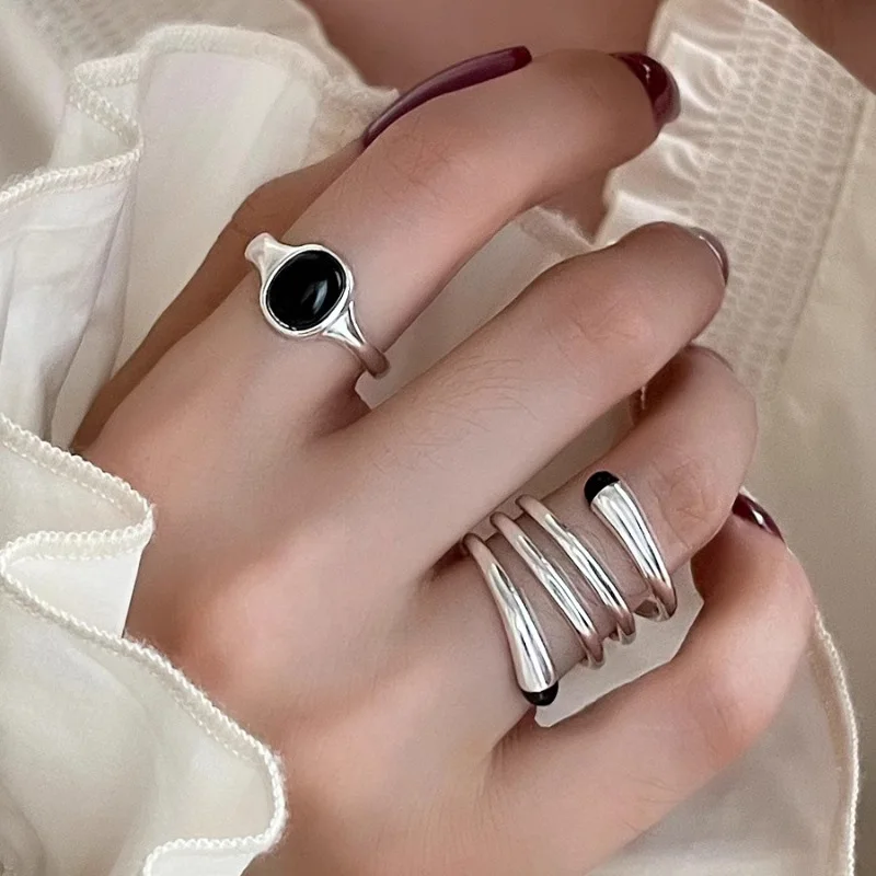 Foxanry Minimalist Black Zircons Finger Rings for Women Couples New Fashion Vintage Multilayer Geometric Handmade Party Jewelry