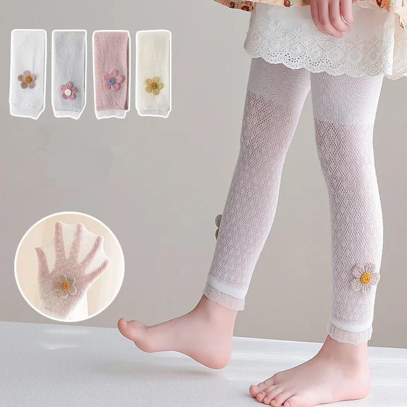 Girls Leggings Kids Hollow Out Pants Summer Children's Clothing Pencil Pants Flower Trousers Korean Style image 2