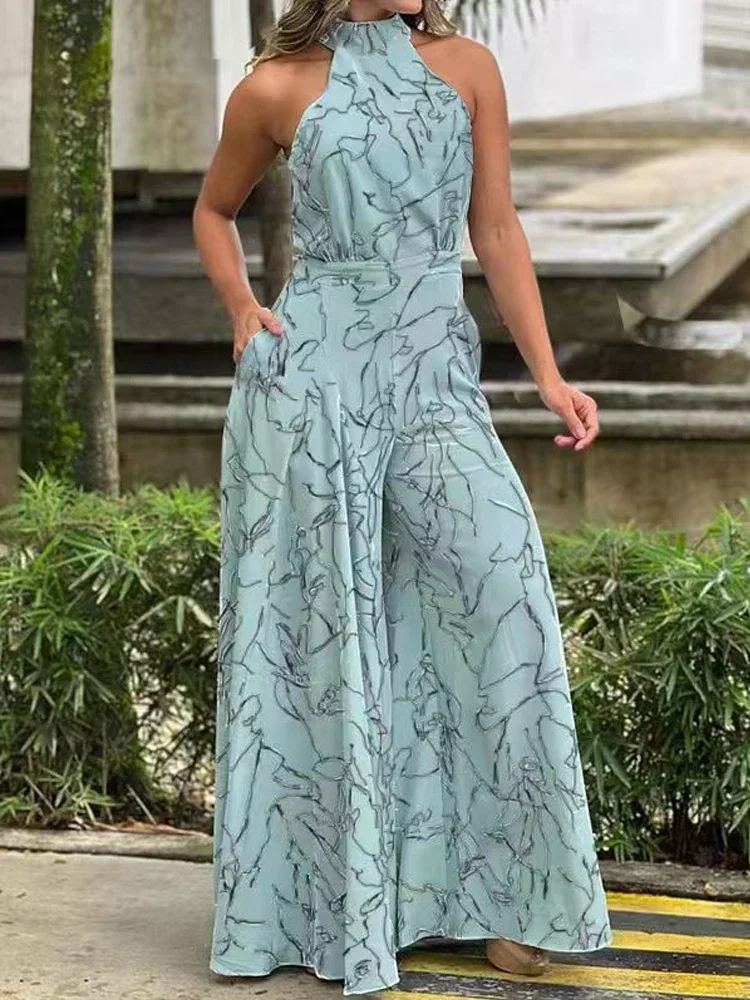 

Spring Summer New Women Elegant Waist Jumpsuit Casual Print Tie Sleeveless Wide Leg Long Pant Female Clothing