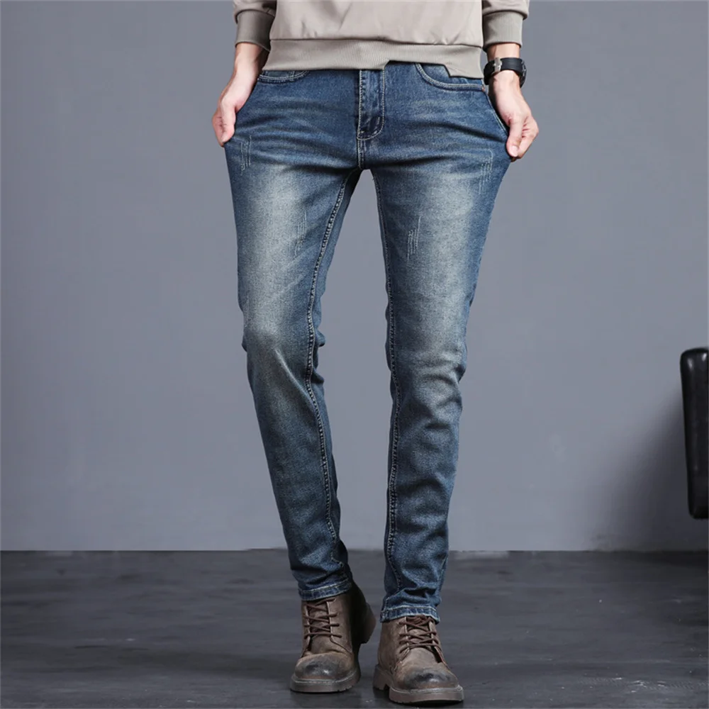 Men's Classic Regular Fit Fleece Jeans Business Fashion Loose Casual Stretch Pants Male Brand Plus Velvet Padded Warm Trousers