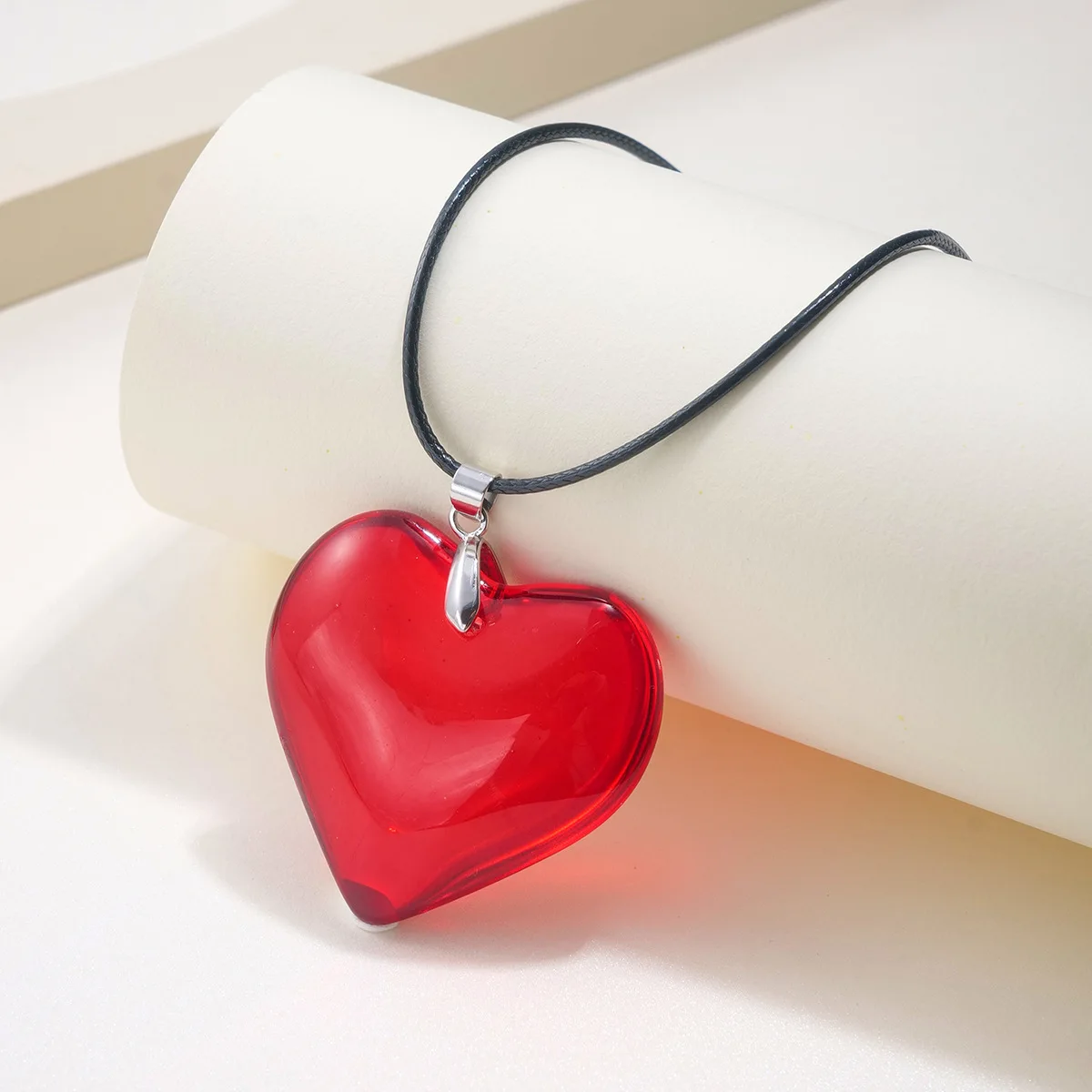 Colorful Big Heart Shape Pendant Necklace Simple Transparent Glass Puffy Love Heart Beaded Clavicle Chain Necklace BigLove Heart
