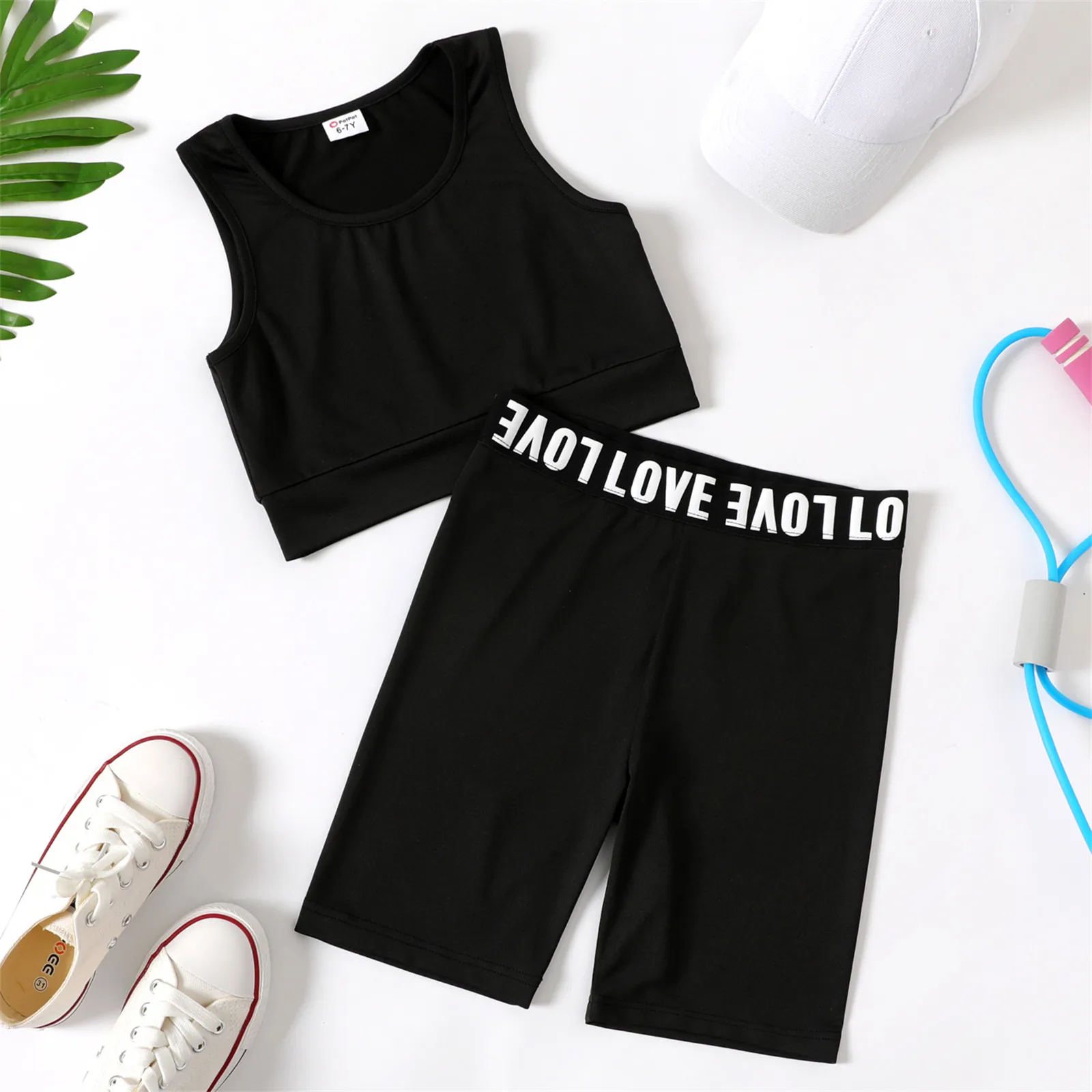 PatPat 2pcs Kid Girl Solid Color Tank Top and Letter Print Shorts Sporty Set