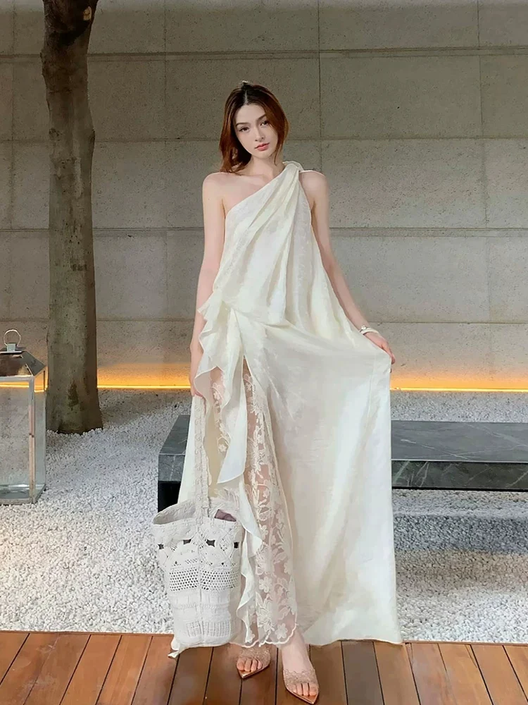 

XZY Lace Splice Asymmetrical Shoulder Summer Long Dress Women's Loose Floral Embroidery Vacation Dress French Style Casual Gown