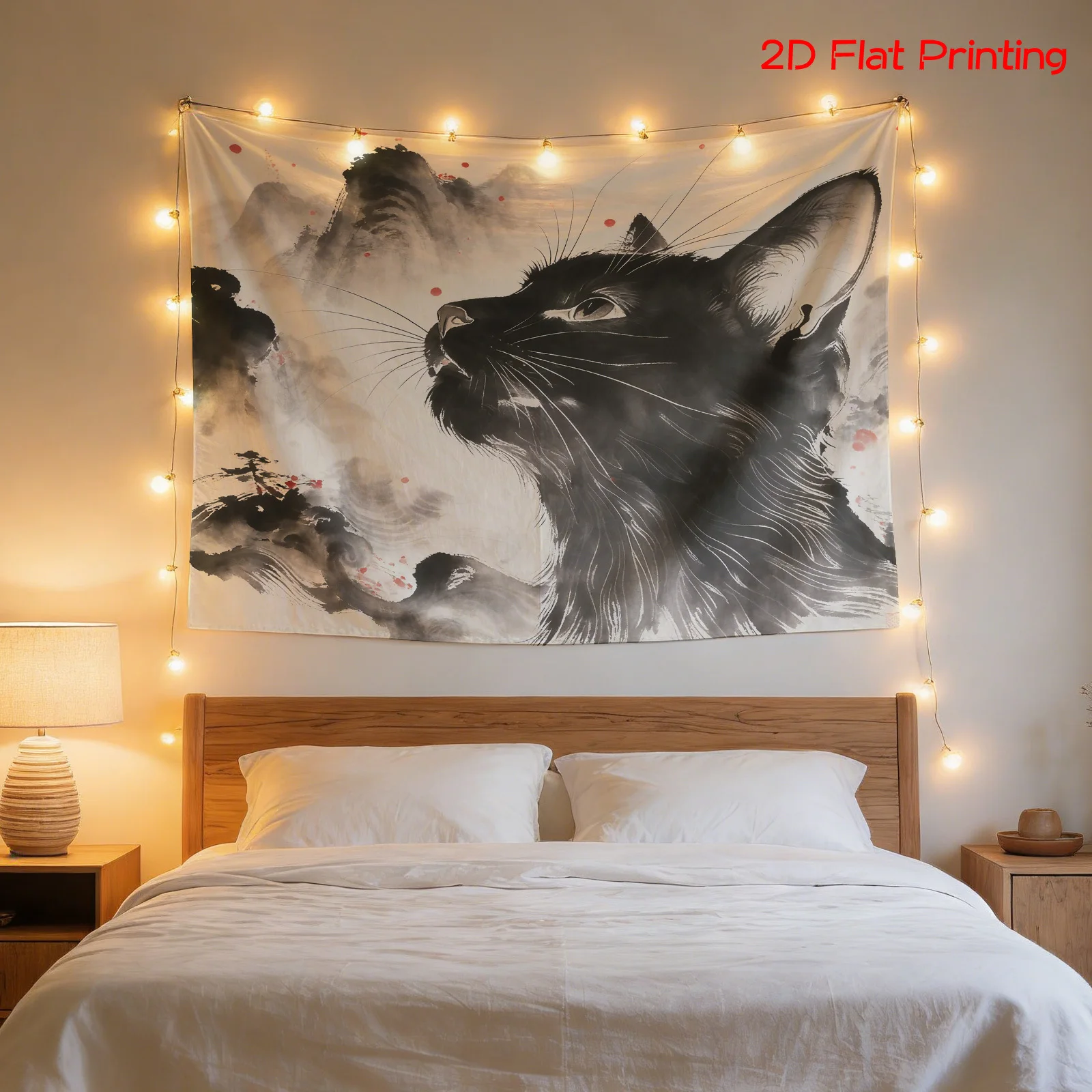 Abstract Watercolor Cat Portrait Misty Mountain Tapestry Wall Hanging Polyester Art Print Black and White Zen Living Room Home D