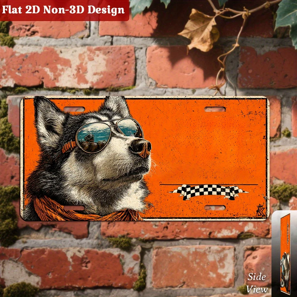 2D Flat, 1pc, Customizable, Cool Husky  Fashion Glasses Dog Decorative License Plate, Only for Decoration, Funny Pet Lover Wall