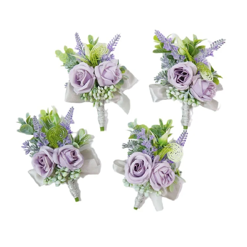 Boutonniere And Wrist Corsage Wedding Supplies Banquet Guests Simulated Flowers Groom Bride Purple 368