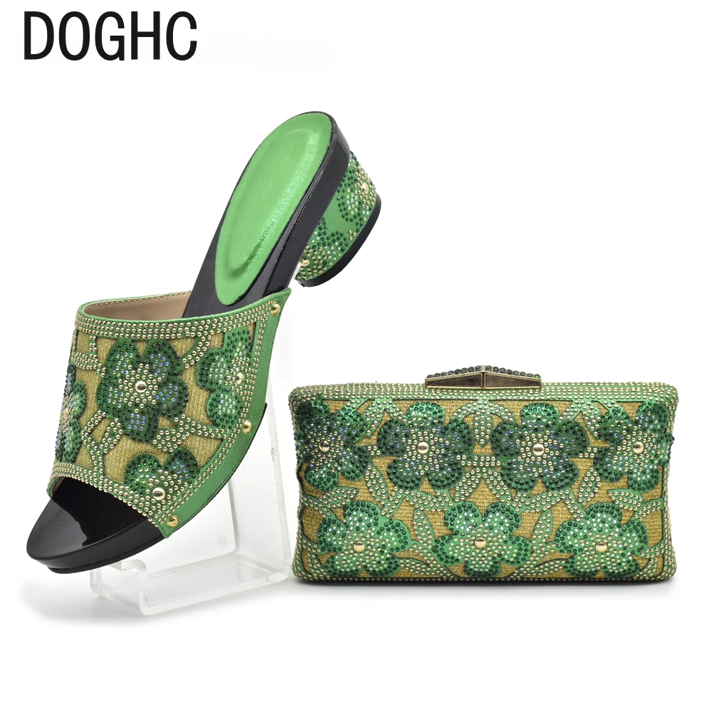 New Arrival Green Color Nigerian Shoes and Matching Bags Set Italian Ladies Shoes and Bags To Match Set Decorated with Rhinstone