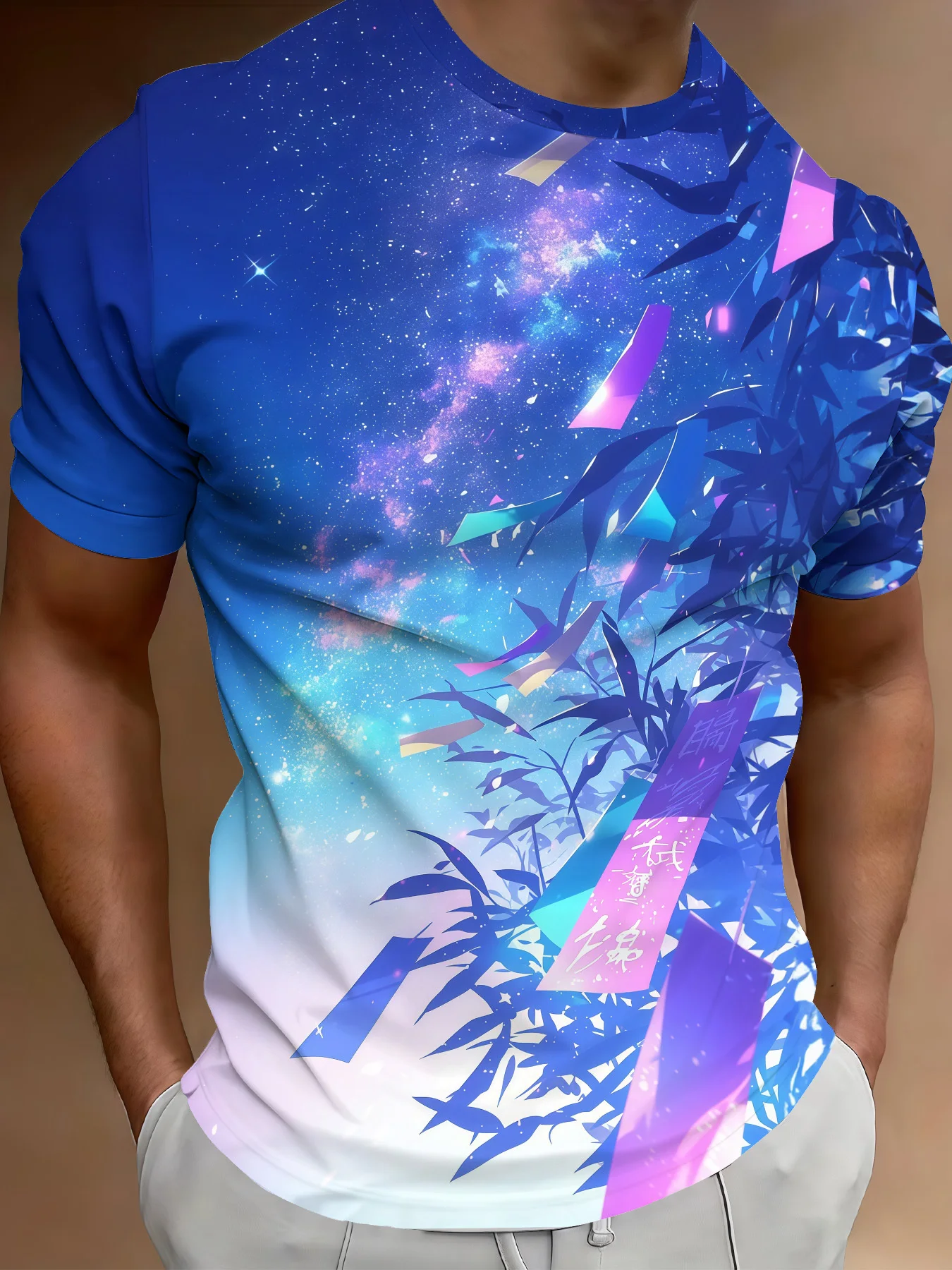 Men Blue Gradient Galaxy Starry Sky Bamboo Leaf Iridescent Geometric Fragment Print Short Sleeve Crew Neck Casual T-shirt