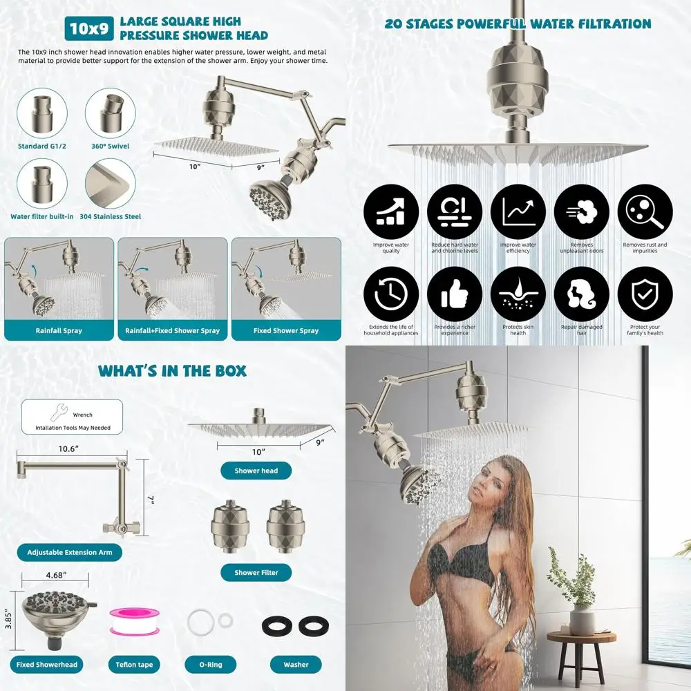 

10 High-Pressure Rainfall & Handheld Shower Head Combo with 7-Setting Fixed Shower, 16 Extendable Arm, 20-Stage Filter, Brushed
