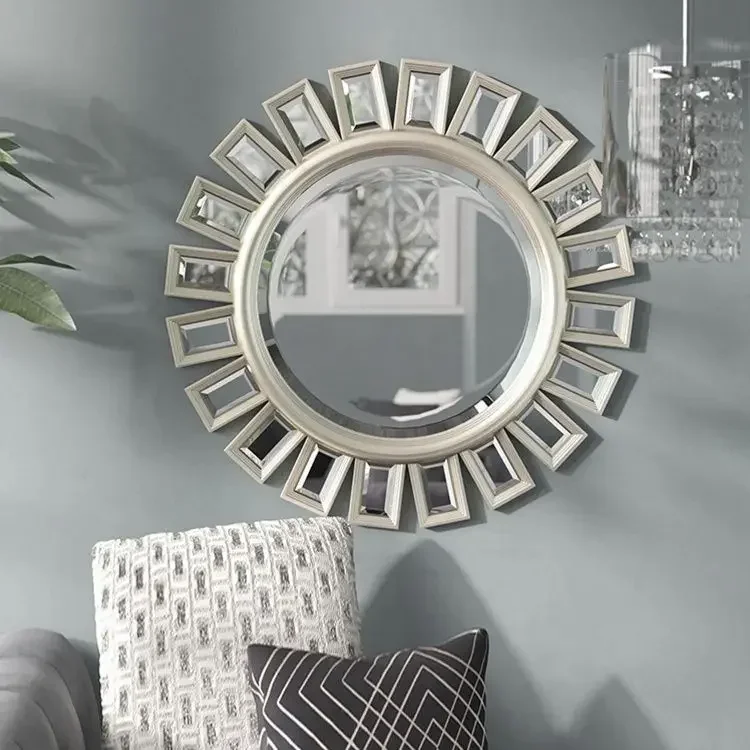 European Retro Circular Wall Mounted Mirror Creative Living Room Background Wall Sunflower Decorative Mirror Metal Art Sculpture