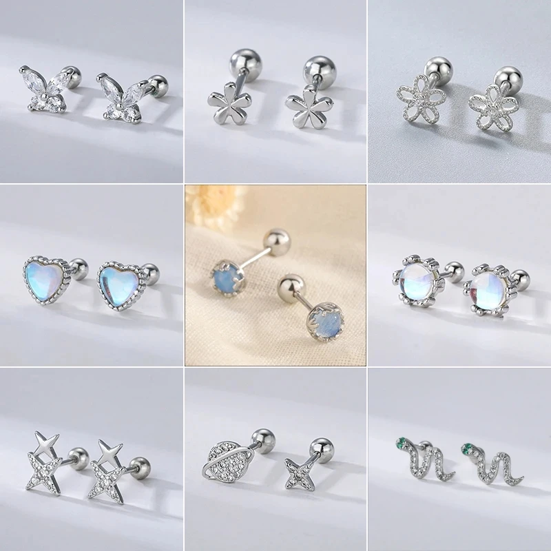 1 Pair Screw Stud Earrings For Women Trendy Zircon Flower Star Hypoallergenic Cartilage Fashion Ear Girls Piercing Jewelry