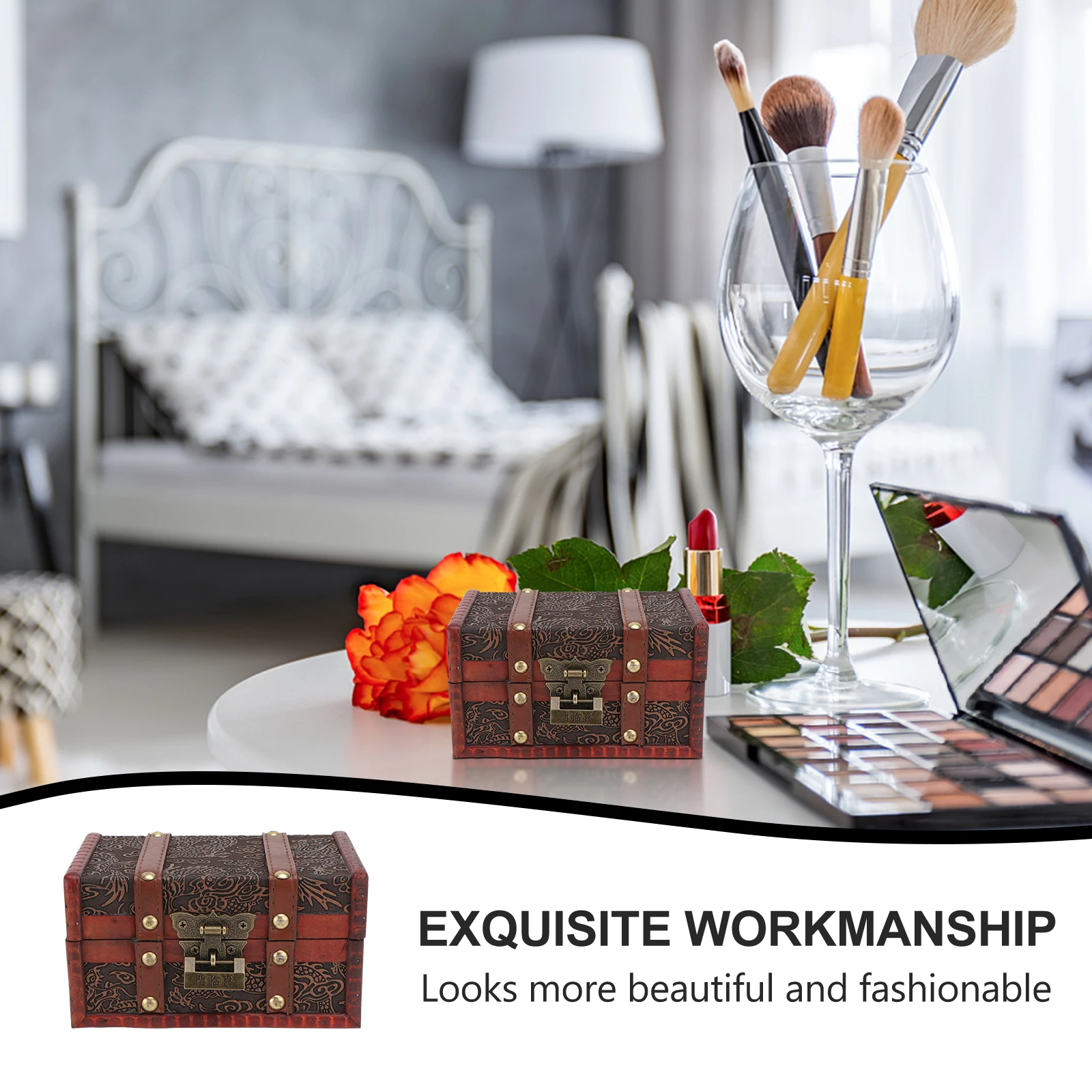 

1Pcs Wooden Jewelry Box Dark Red Decorative Storage Case Retro Jewelry Collection Container Household Jewellery Storage Artware