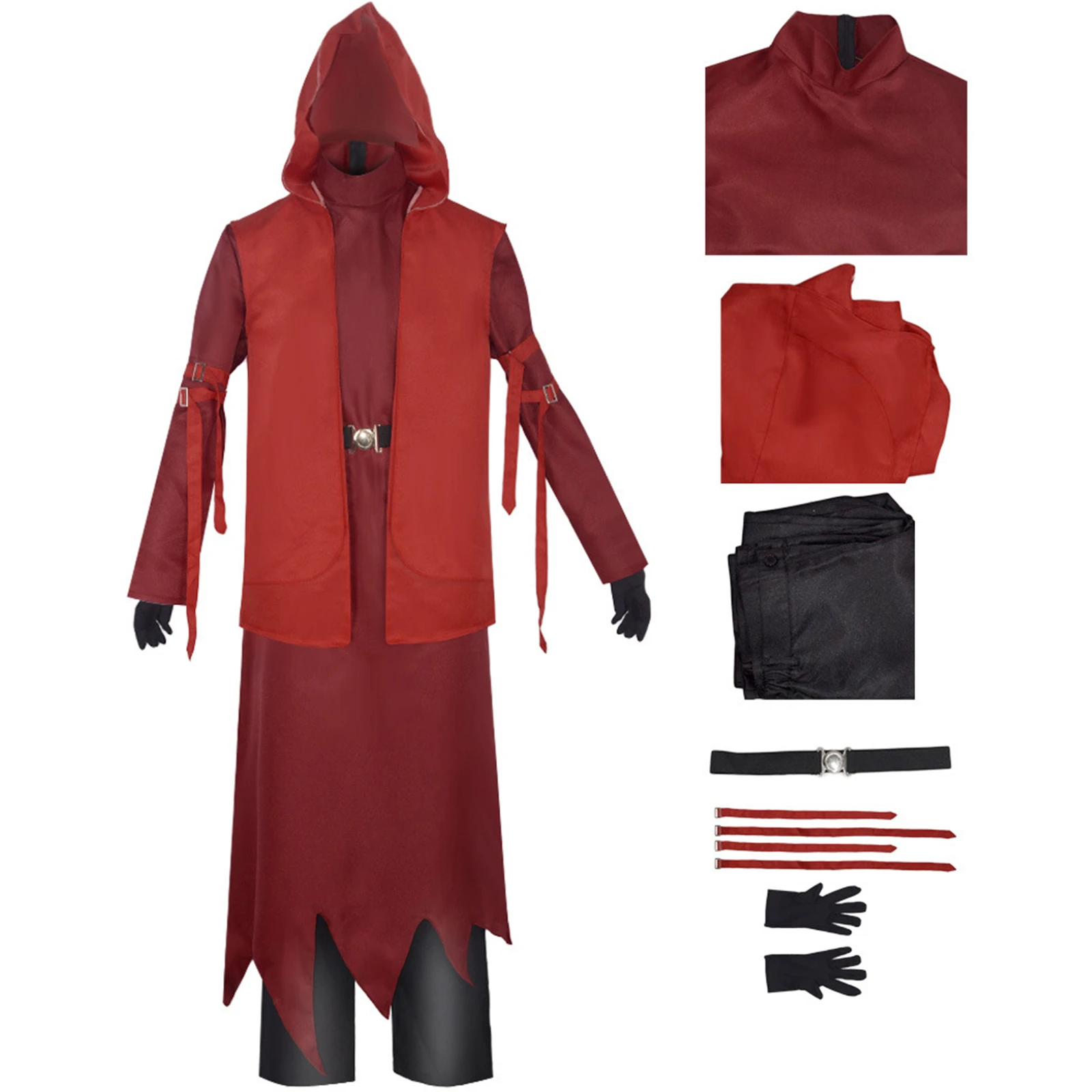 Kostum Cosplay Firaun, kemeja celana merah dengan sarung tangan Set lengkap untuk pesta Halloween