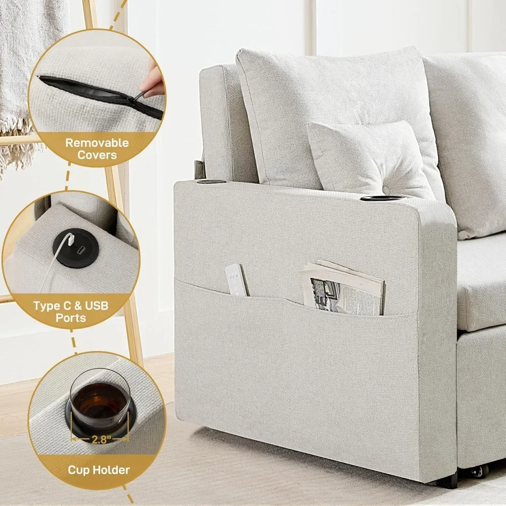 سرير أريكة قابل للتحويل 3 في 1، سرير أريكة نوم بمقعدين مقاس 56 بوصة، سرير أريكة للنوم مع جيب تخزين، USB، سحب مريح