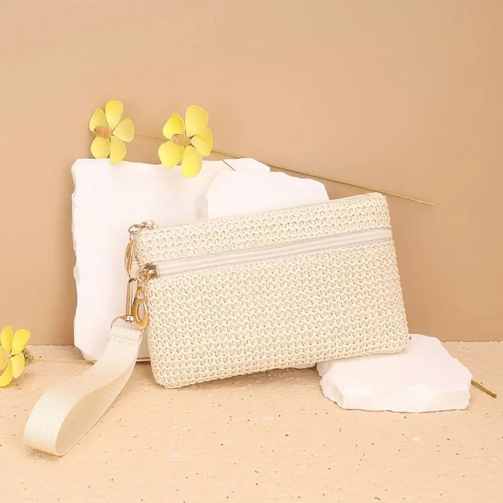 محفظة لطيفة من القش صغيرة بسحاب مزدوج للعملات المعدنية، حقيبة تغيير للسيدات والفتيات