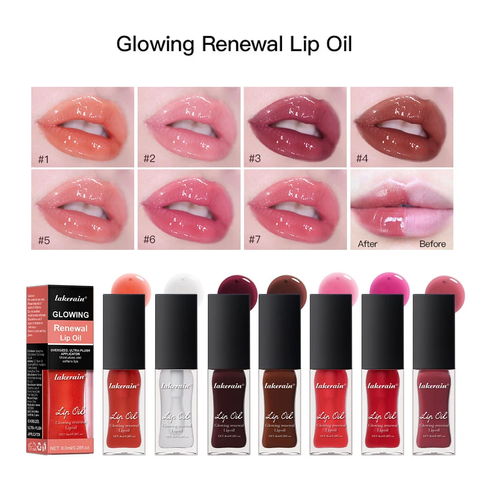 7 Shades Glowing Renewal Lip Oil Hydrating Plumping Glossy Lip Tint Long Lasting Moisturizing Nourishing Shiny Lip Care Makeup