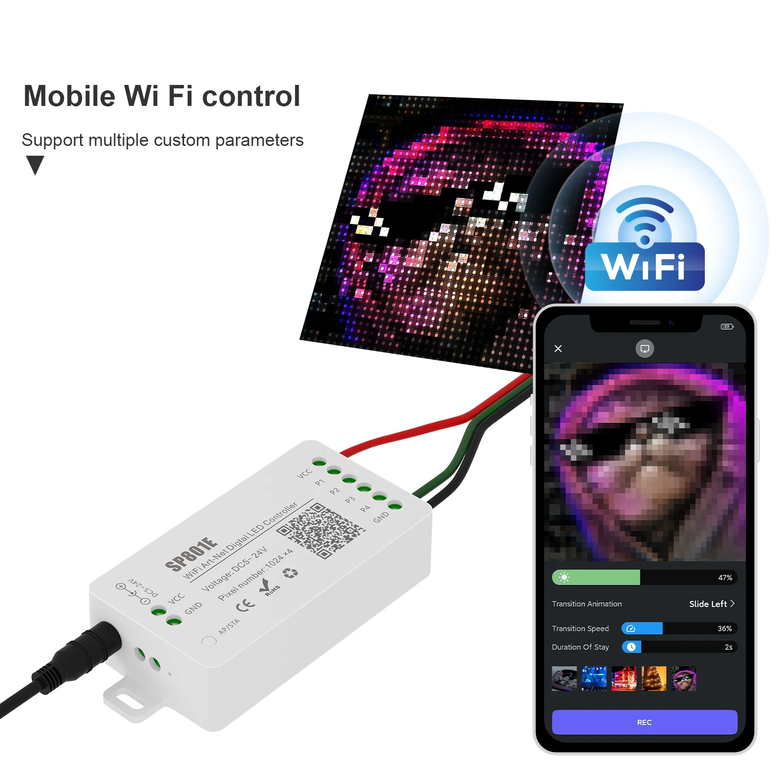 Imagem -03 - Módulo de Painel Matriz Led com Controle sem Fio Sp801e Wi-fi Art-net Controlador Led Mágico Ws2812b Ws2811 Faixa de Luz Ios Android dc 524v