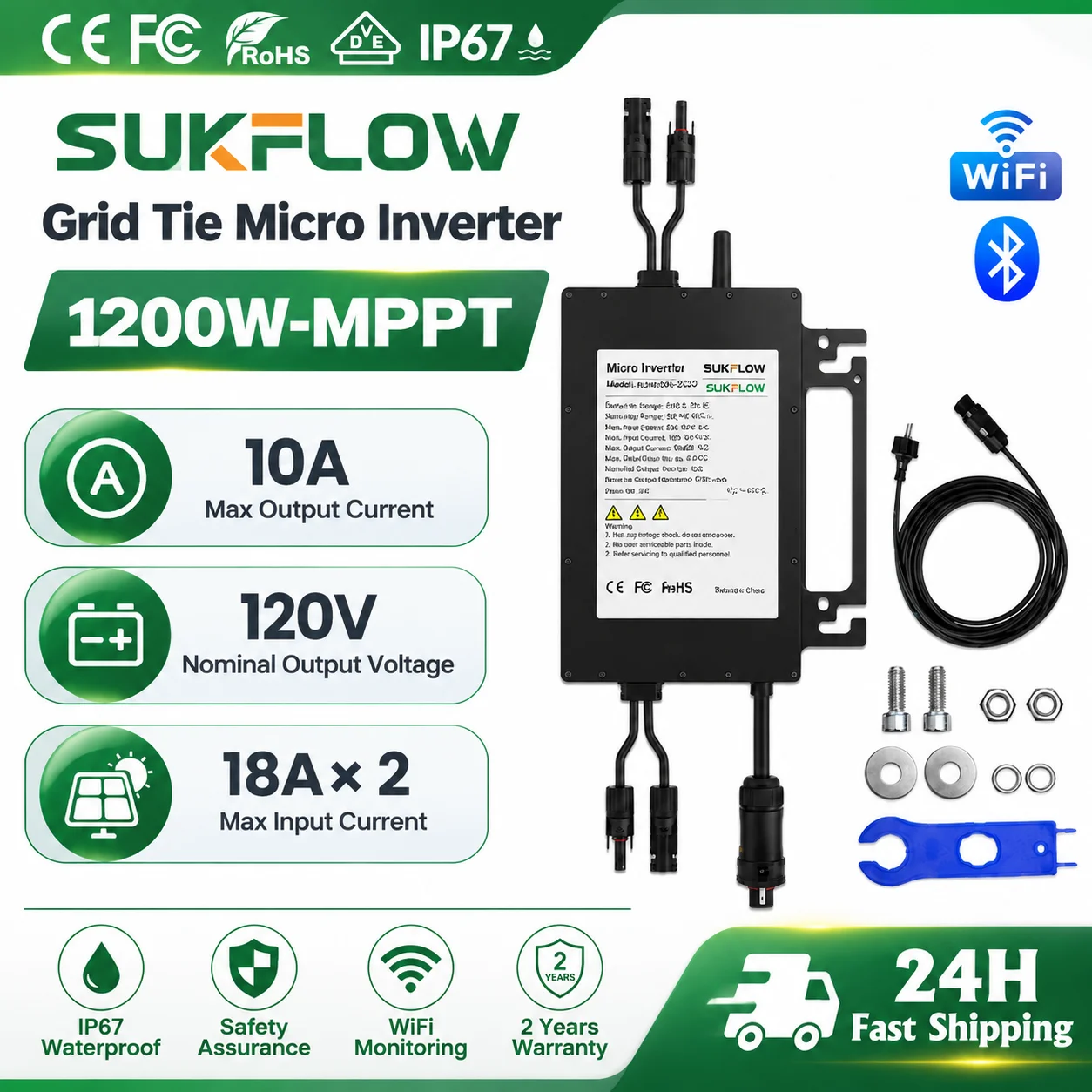800W/1200W Solar Micro Inverter Dual MPPT WiFi App Monitoring IP67 Waterproof Grid Tie Inverter for Residential Rooftop Solar PV
