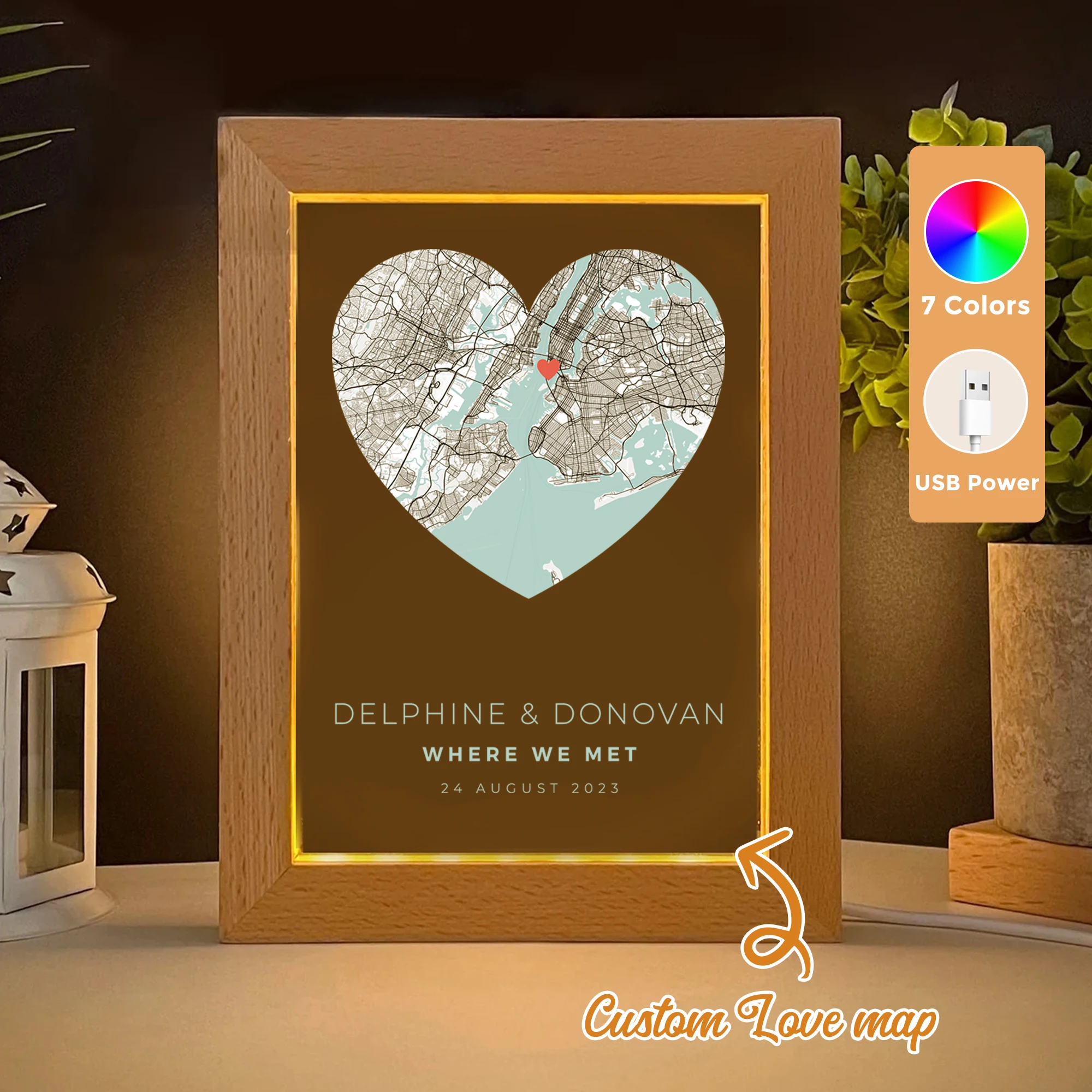 

Customized Personalized Anniversary Love Map LED Acrylic Night Light Wood Photo Frame 21x17cm Bedroom Gifts Home Decor Gift