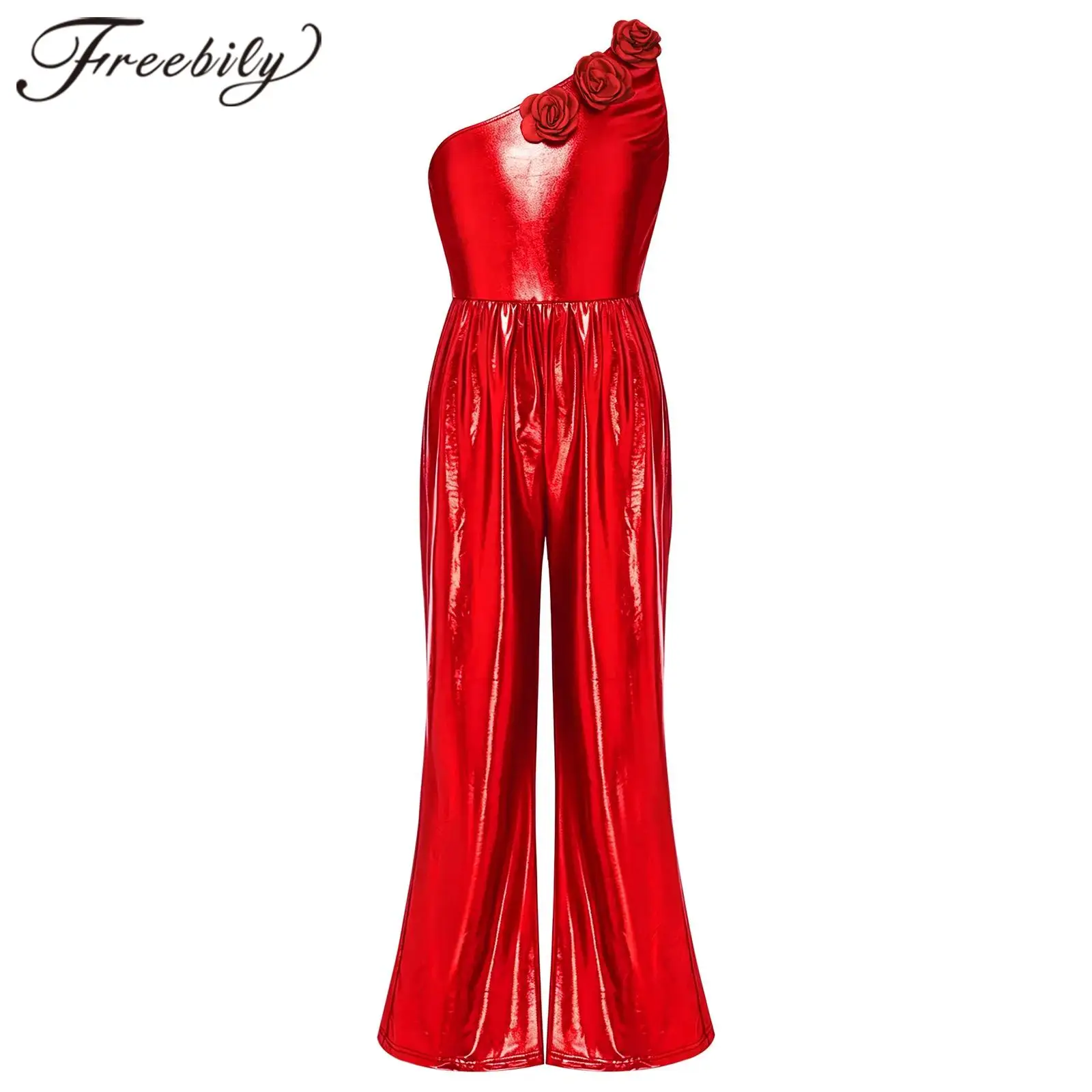 Kids GirlsDisco Outfit One Shoulder Sleeveless Jumpsuit Metallic Rompers Children 3d Flower Jumpsuits Birthday Party Pageant