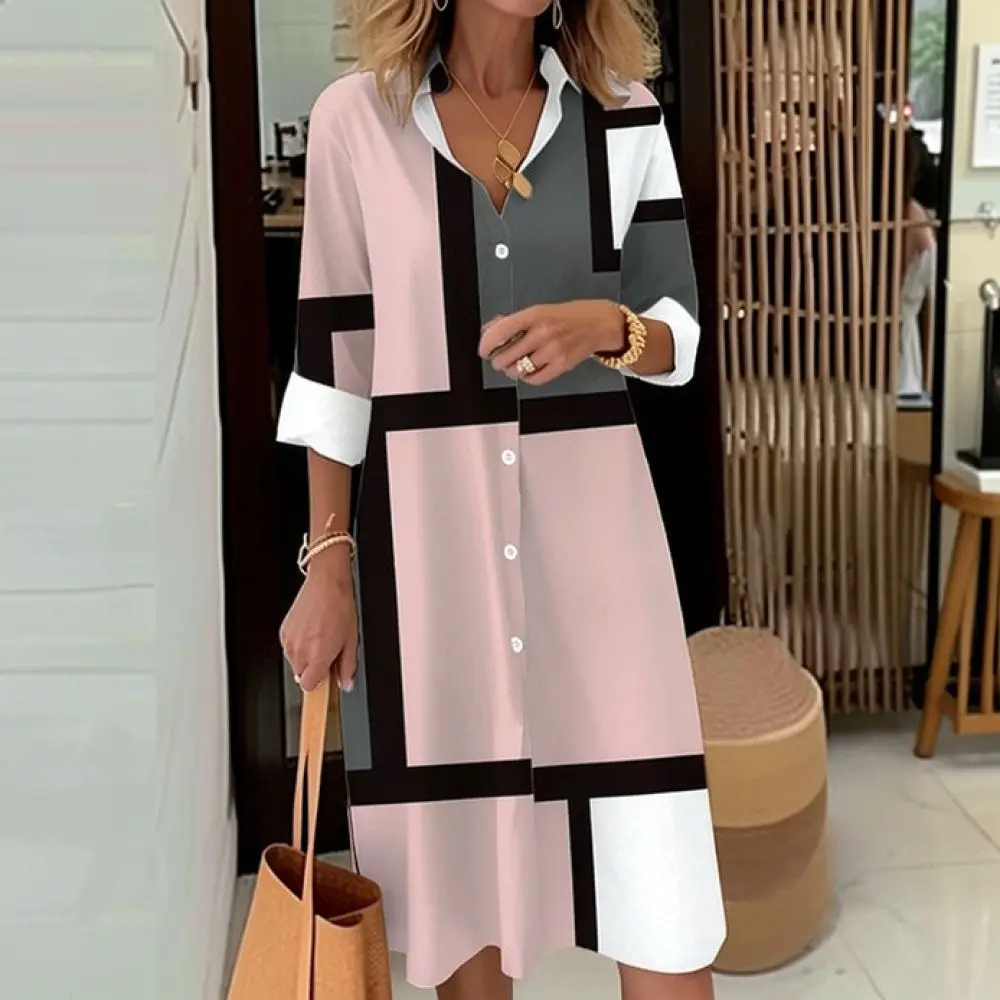 Women Casual A Line Dress V Neck Long Sleeve Floral Print Loose Plus Size Spring Elegant Comfortable Fashion Party Midi Vestidos
