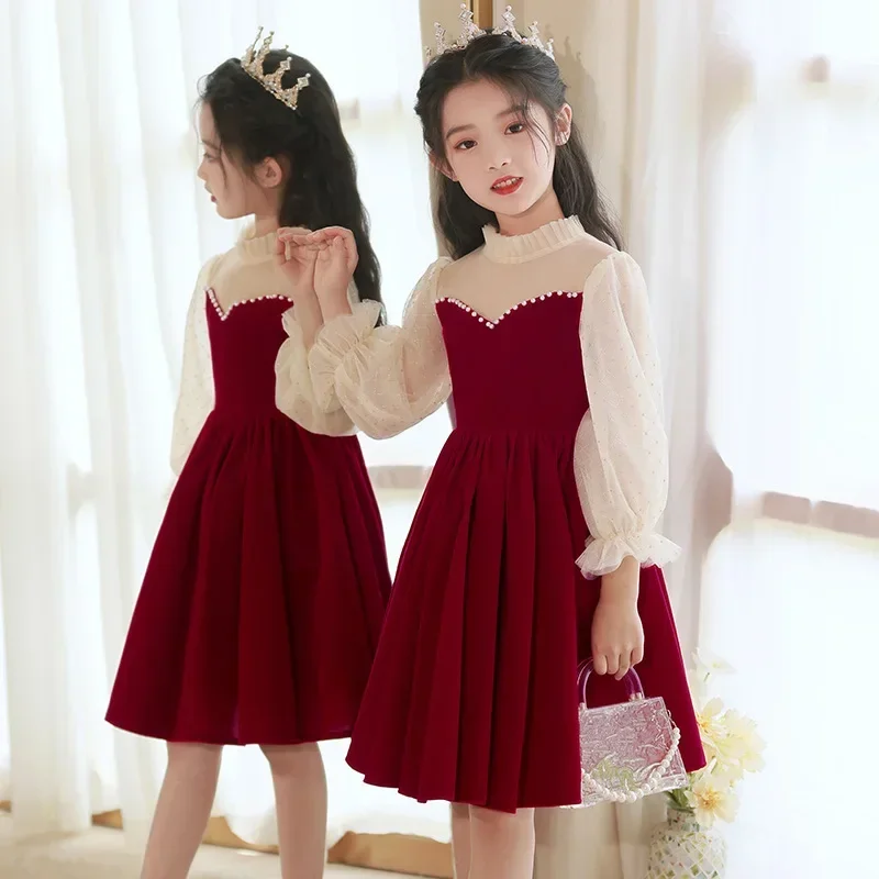 

Autumn Evening Dress for Little Girls Kids Beading Patchwork Ball Gowns Infant Piano Permance Costumes Children Elegant Vestidos