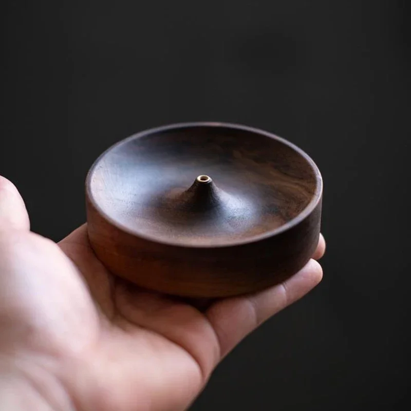 Black Walnut Solid Wood Incense Holder – Handmade Tea Ceremony Round Incense Burner – Agarwood Tray Holder for Sticks & Cones