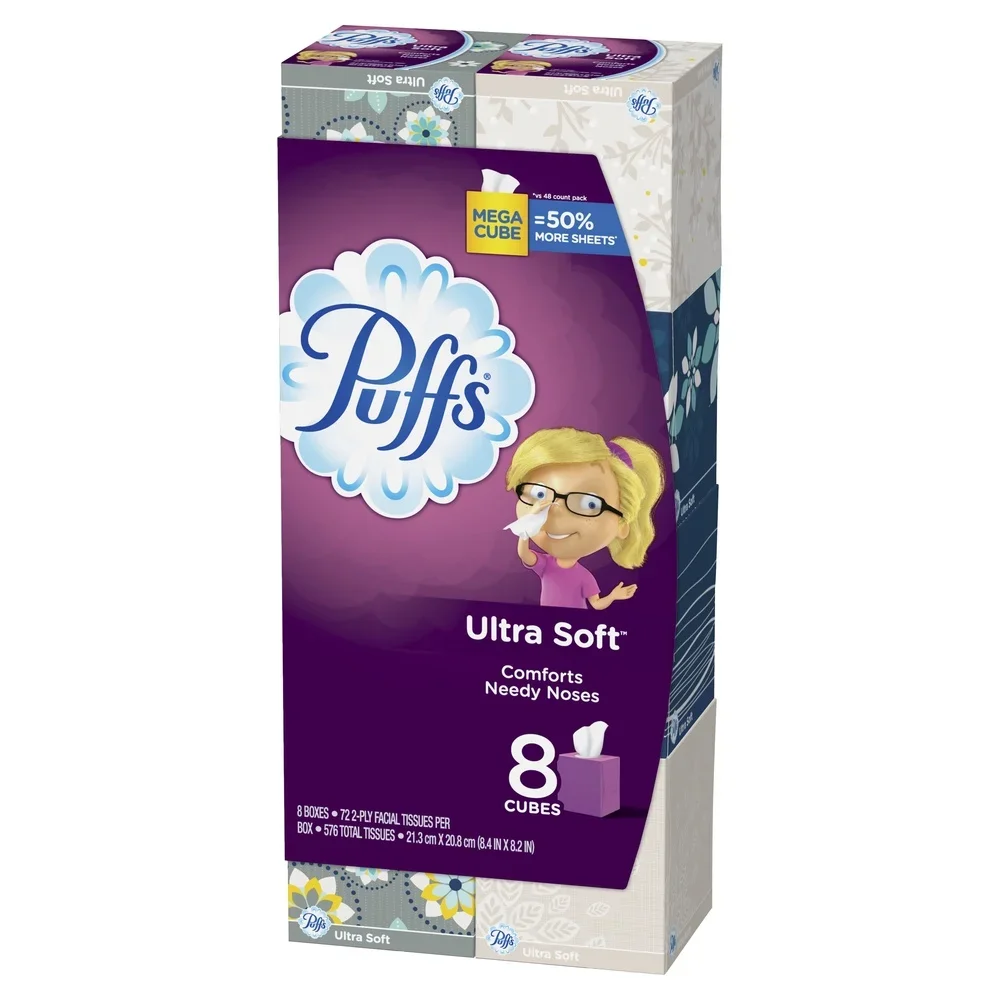 مناديل الوجه فائقة النعومة غير محلول ميجا كيوب 72 مناديل 8 عبوات غير معطرة بقوة إضافية ماصة لطيفة لتخفيف الحساسية ناعمة