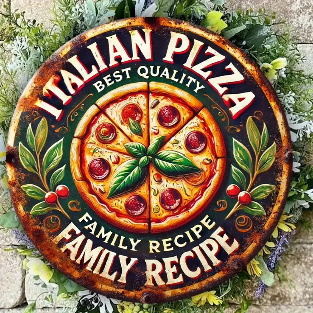 Round Plate Vintage Iron Crafts Italian Pizza Family Recipe Food Billboard Metal Tin Sign Garage Bar Home Decoration Wall Plaque