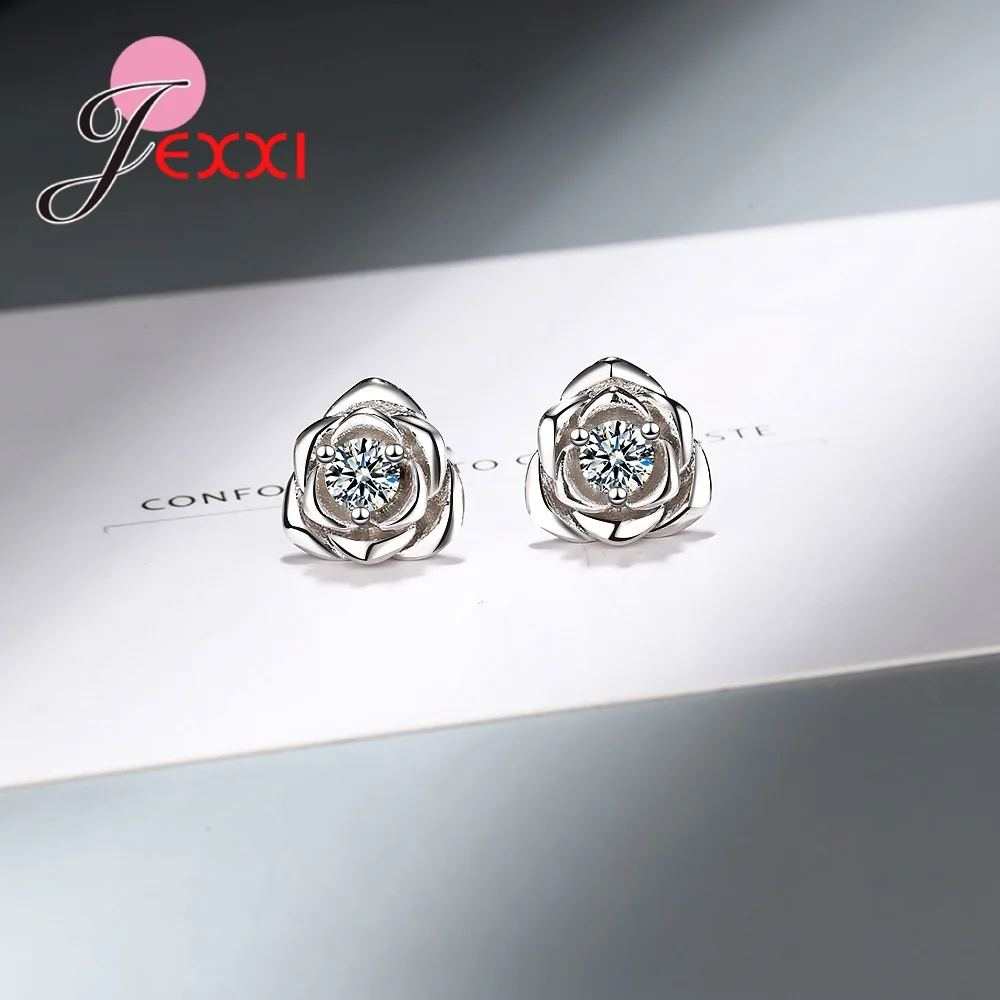 Sweet Gifts for Anniversary Wedding Accessories Original 925 Silver AAA Zircon Stone Rose Flower Charms Stud Earrings