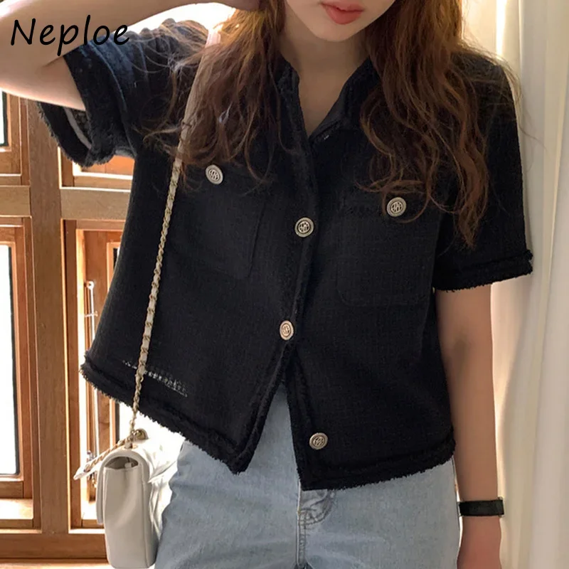 Neploe O Neck Single-breasted Outerwear Korean Chic Simple All-match Jackets Pockets Design Sense Solid Color Short Sleeve Coat