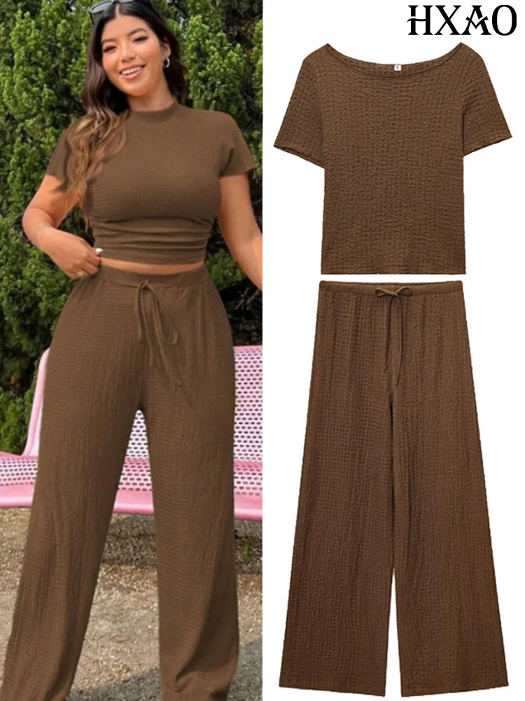 

HXAO Women's Suit Short Sleeve Top Pant Sets Brown Black Women's Two Pieces Set Elegant Female Sets Summer Trousers Sets