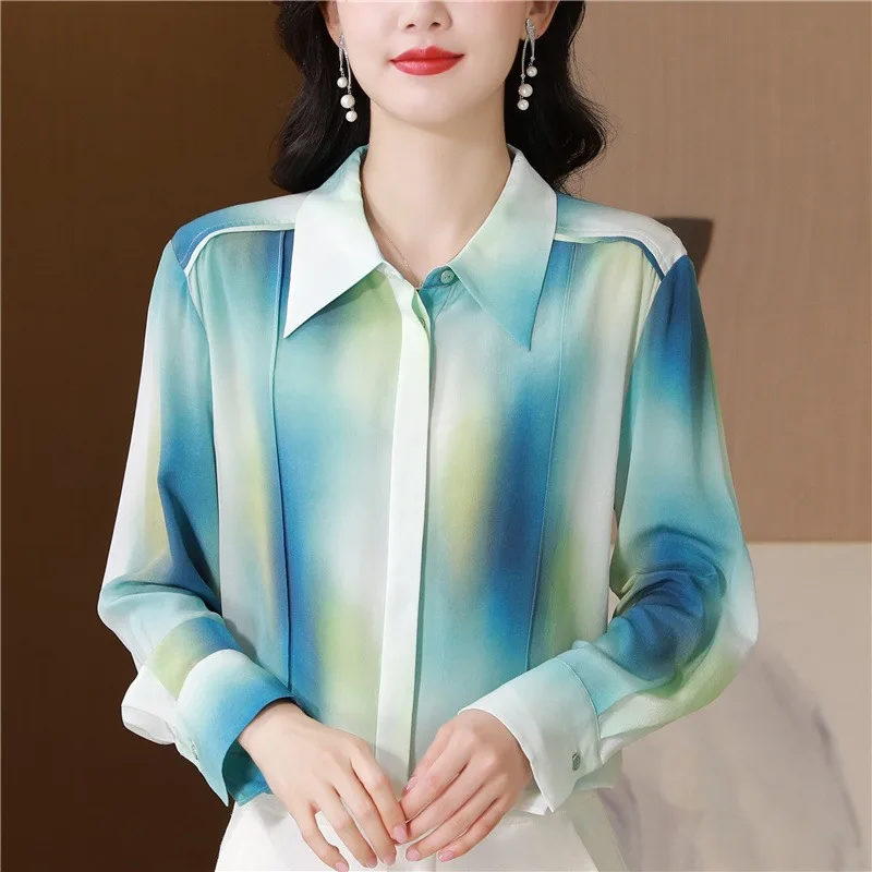 Print Women's Blouses Korean Shirts Patchwork Slim Fit Spring/Summer Vintage Clothing Satin Long Sleeve Women Tops